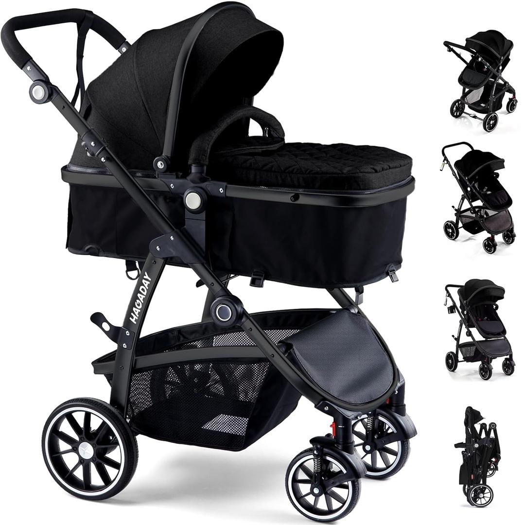 Baby Stroller, 2-in-1 Reversible Toddler Seat with Lie-Flat Mode, Foldable Infant Stroller with Canopy, One Button Brake, Adjustable Handle, Newborn Pushchair (Black B)