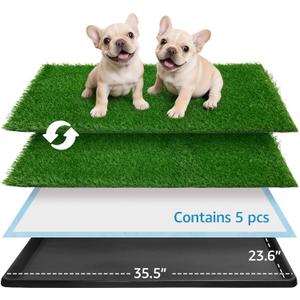 Grass Pad for Dogs Potty: 35.5 x 23.6 Indoor Dog Grass Pad with Tray 2 Pcs Replacement Artificial Grass Mats-5 Pics Disposable Puppy Pads for Puppy Training Apartment,Balcony & Apartment Use