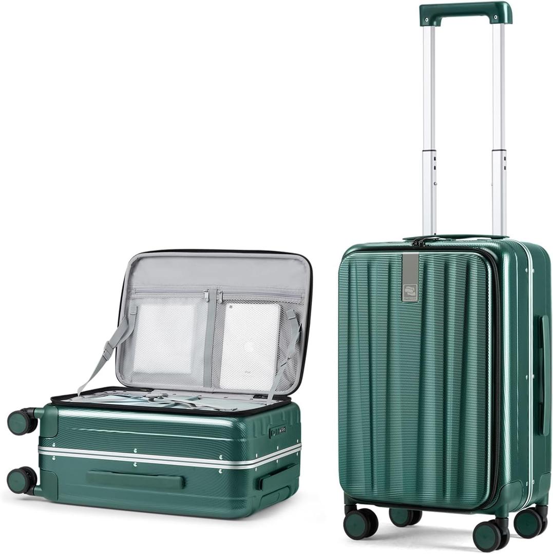 Hanke 20 Inch Carry On Luggage Aluminum Frame Front Opening Rolling Suitcase PC Hard Sided Luggage with Spinner Wheels Travel Luggage for Woman Men Gifts.(Dark Green)
