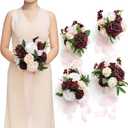 Ling's moment Artificial Bridesmaid Bouquets Set of 4,Marsala Wedding Flower Bouquets White Floral Bouquet Blush Bridal Bouquets with Ribbon,Ceremony,Anniversary,7-inch Diameter (Red-marsala & Cream)