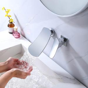 Wall Mounted Waterfall Bathroom Sink Faucet Single Handle Lavatory Sink Faucets 2 Holes Vanity Faucets Waterfall Basin Mixer Tap, Chrome