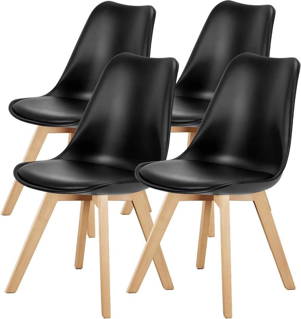 OLIXIS Modern Dining Chairs Set of 4, Plastic Kitchen Chairs with Wood Legs, Lightweight Side Chair, Wood Legs, Backrest, Pu Leather, Armless, Living Room, Bedroom, Apartment, Black