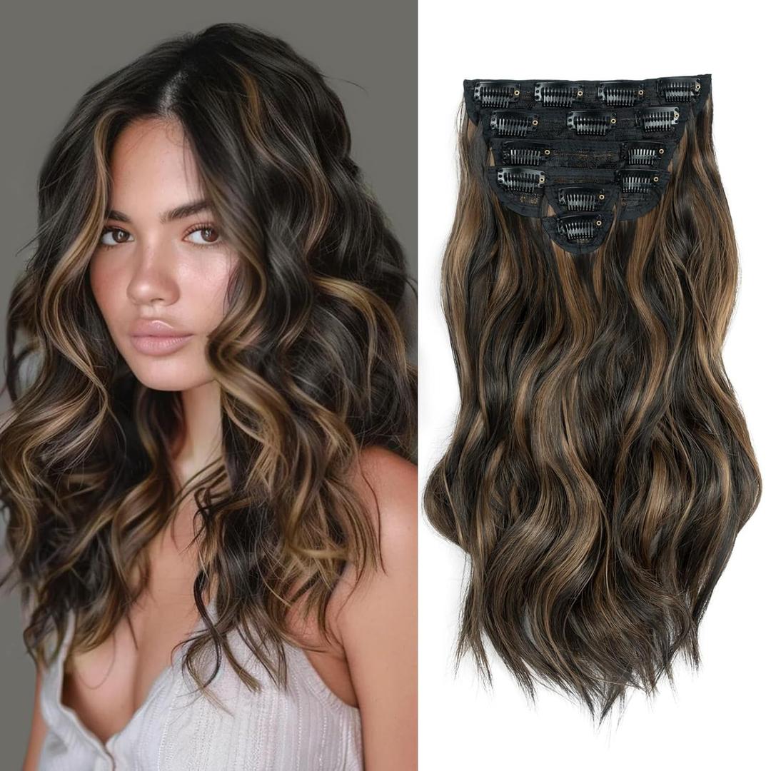 Clip in Long Wavy Synthetic Hair Extensions 16 Inch Black with Caramel Highlights 6PCS Thick Hairpieces Fiber Double Weft Hair for Women