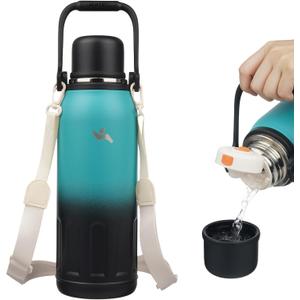 Insulated Water Bottle with Handle and Strap,Vacuum Travel Tumbler with Cup Lid,Thermo Coffee Cup for Hot Cold Drinks 50 OZ,TealBlack