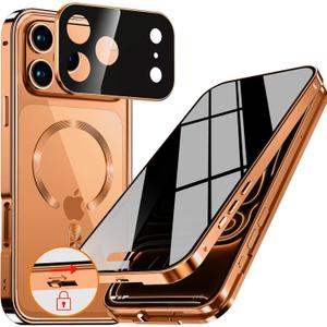 [CD Metal Ring & Automatic Pop-up Lock Magnetic Privacy Case for iPhone 17 Pro Max [Compatible with MagSafe] [Integrated Lens Protection] Full Body Bumper Cover with Built-in 9H Glass-Orange