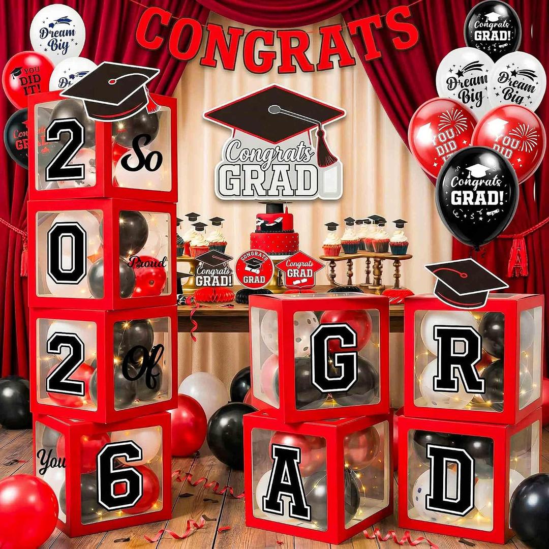 Graduation Decorations Class of 2026 Red and Black Balloon Boxes for High School & College, Congrats Grad Party Table Decorations with 4 String Lights, GRAD and So Proud of You Letters