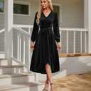 Women's Velvet V Neck Puff Sleeve Dress for Wedding Guest Cocktail Elegant Bodycon Party Midi Dress (Black, XL)