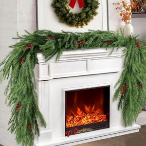 12FT(2*6FT) Christmas Norfolk Pine Garlands, Winter Decor Real Touch Pine Garland, Artificial Greenery Xmas Garland with Red Berries and Pinecones for Holiday Table,Wall,Mantel, Decoration, 2Pack