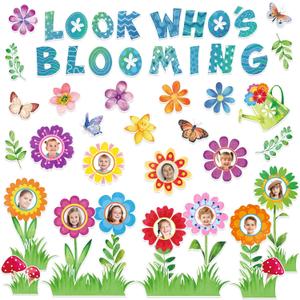52Pcs Flower Bulletin Board Kit Spring Floral Paper Cutouts with 100Pcs Glue Points for Back to School Party Classroom Wall Decor Growth Mindset Photo Posting Party Supplies