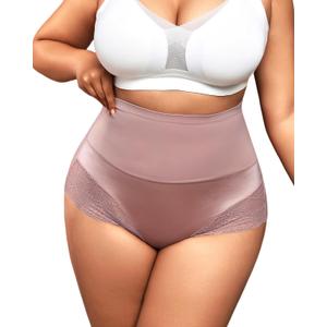 High Waisted Shapewear Panties for Women Plus Size Seamless Lace Briefs Tummy Control Underwear No Show Under Dresses Daily Wear Purple Red Brown 3XL (XXXL)