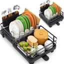 TOOLF Expandable Dish Rack, Dish Drying Rack for Kitchen Counter, Foldable Dish Dryer Rack, Stainless Steel Dish Drainer Racks with Cutlery Holder, Collapsible Dish Drying Racks Standard Size,Black