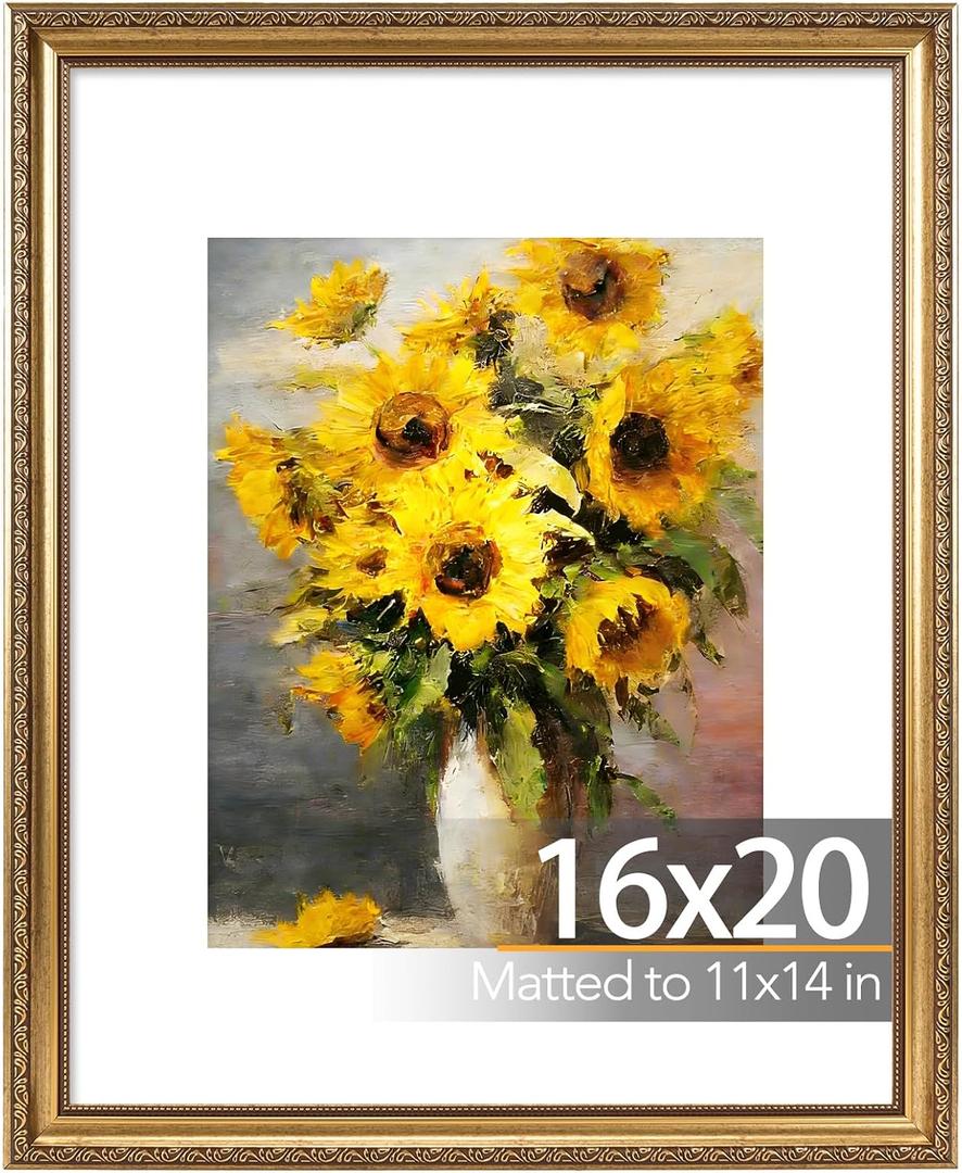 JCJMY 16x20 Vintage Picture Frame with 11x14 Mat, Elegant Retro 16 by 20 Photo Frame with Shatter-Resistant Plexiglass for Wall, Gallery Decor & Gift, Gold, Pack of 1