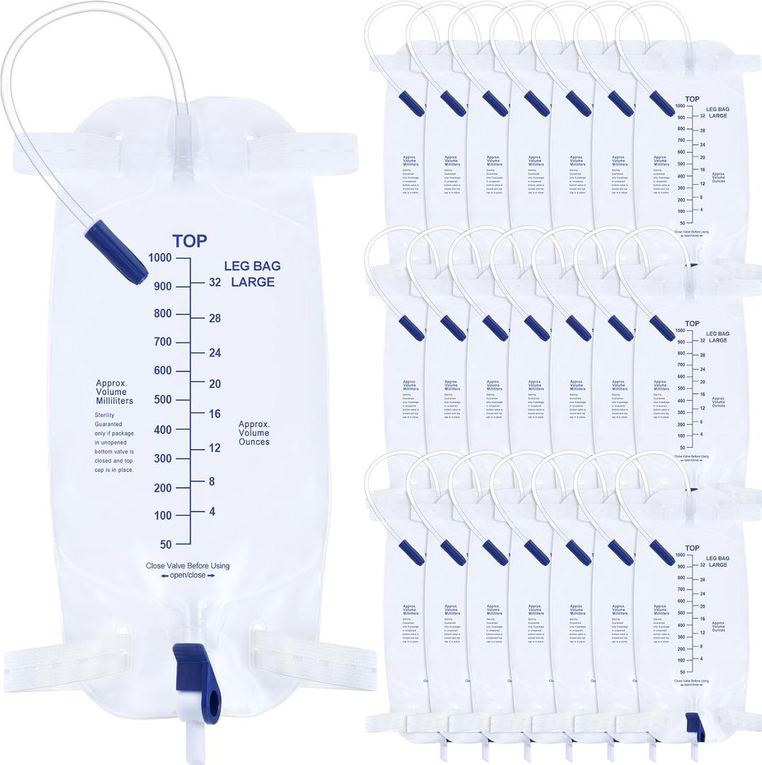 Geiserailie 20 Pcs Catheter Leg Bag Urinary Drainage Bag with Anti Reflux Valve Catheter Supplies with 2 Anti Slip Foley Stabilization Device Holder Easy Flip Drain for Men Women(1000ml)