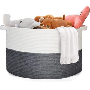 Ravinte Blanket Basket - 20"x 20"x 13" Cotton Rope Basket for Living Room, Baby Toy Storage Basket, Large Woven Laundry Basket (White-DarkGray)