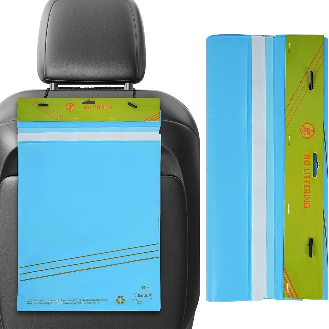 40 Pcs Disposable Car Trash Bag - Large Capacity - Car Garbage Bag Hanging from Headrest - Easy to Stick-On, Leakproof, Smellproof Car Trash Can - Ideal for Travel, Camping, and Home Use (Blue) (40 Count (Pack of 1))