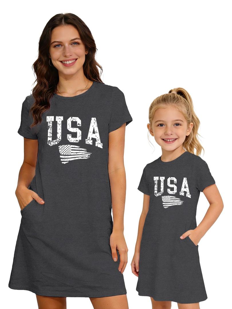 TIEEI 4th of July Dress Mother Daughter Matching Dresses 4th of July Short Sleeve Outfits (Gray)