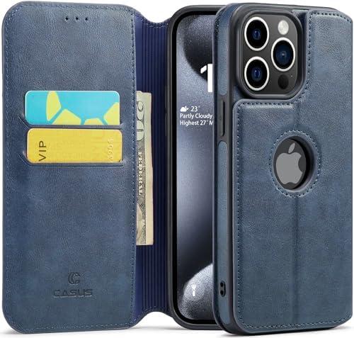 Casus Logo View Compatible with iPhone 15 Pro Wallet Case Slim Faux Leather with Card Holder Slot Thin Magnetic Flip Cover (2023) 6.1" (Blue)