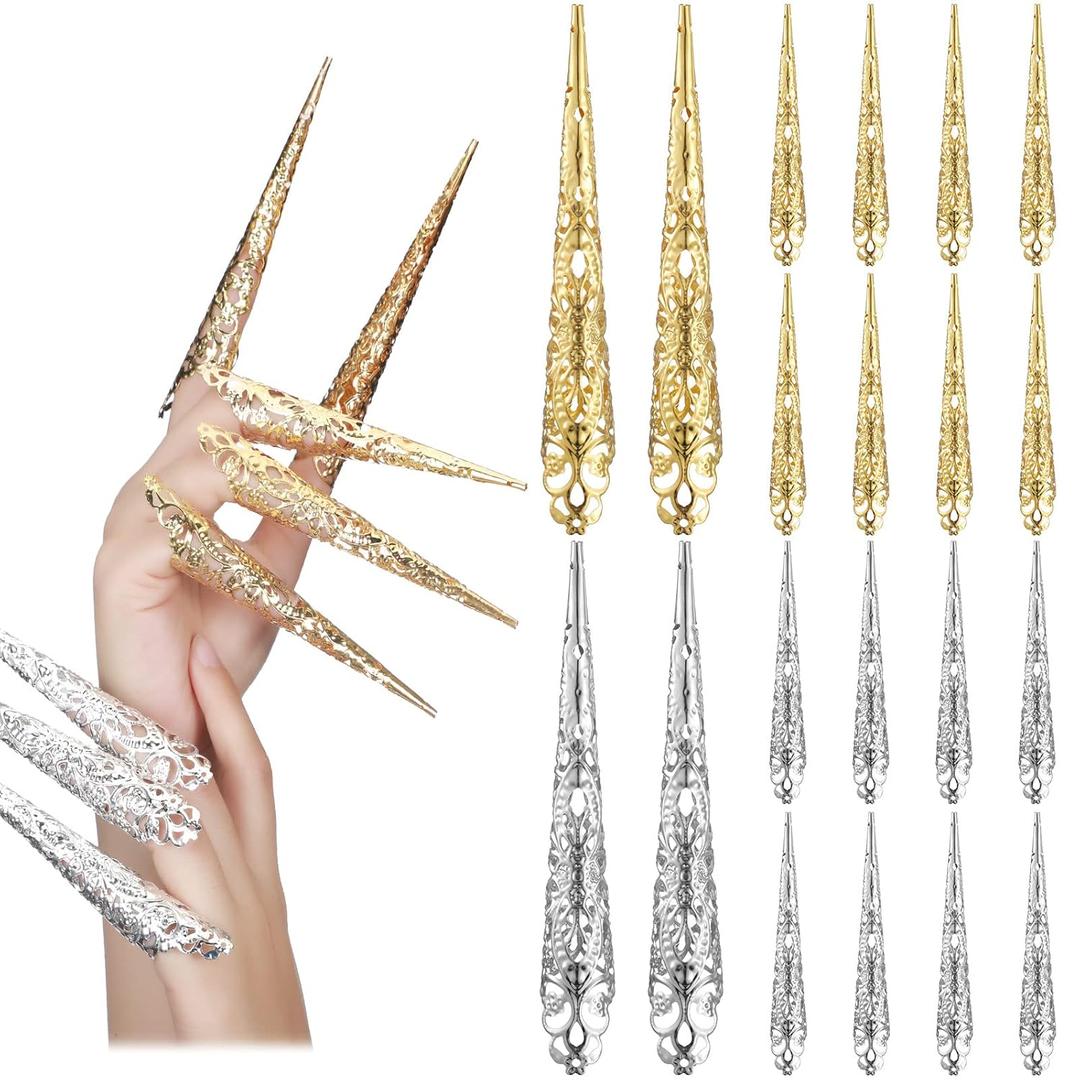 20 Packs Halloween Finger Nail Claw Rings Ancient Queen Fingernail Metal Finger Knuckle Claw for Halloween Women Cosplay Costume Drama Dance Show(Gold, Silver)