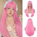 Pink Wig with Bangs for Women  Long Straight Heat Resistant Synthetic Wig for Daily Use, Party, Halloween, Cosplay  24 Inch Pink Wigs for Girls