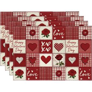 Artoid Mode Buffalo Plaid Love Hearts Valentine Placemats Set of 4, 12x18 Inch Anniversary Wedding Table Mats for Party Kitchen Dining Decoration