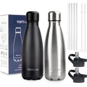 Insulated Water Bottle, 2 Pack-9oz Stainless Steel Water Bottles with straw lid, Metal Sports Water Bottles for Boys,Girls, Double Wall Vacuum BPA-Free Flask for Sports (Black-Sliver)