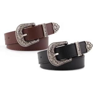 INOGIH Adjustable-Vintage-Western-Cowboy-Belt Women Men - Cowboy-Style Engraved-Buckle Belt for Jeans Pants Dresses (One Size, Black/Coffee)