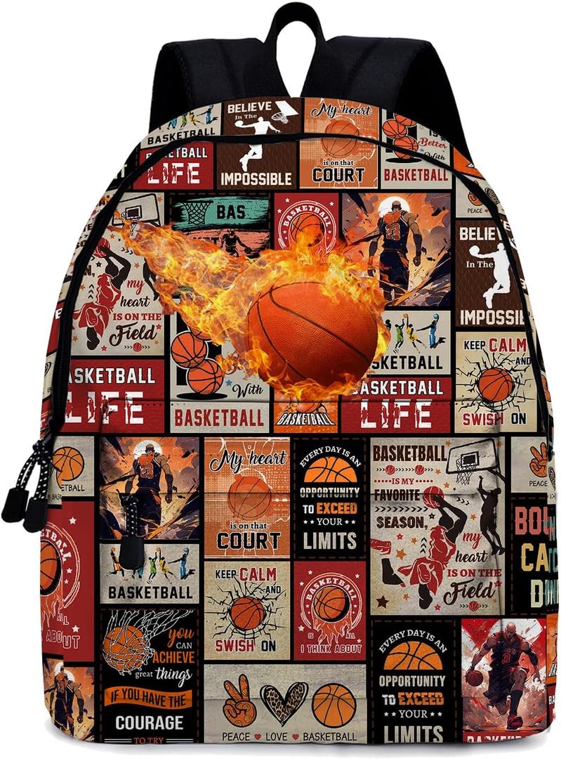 Fire Basketball School Backpack for Boys, Basketball Backpack for School Kids Bookbag, 16 Inch Sports Theme Laptop Back Pack for Travel Hiking Camping