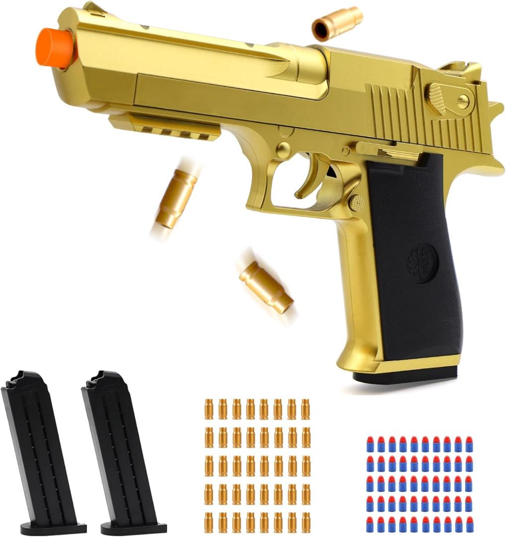 Gold Soft Bullet Toy Gun Shell Ejecting for Age 8, 9, 10, 11, 12+ Years Old Boys, Realistic Toy Pistol with 50 Foam Bullets, 40 Shells & 2 Clips, Ideal Christmas Birthday Gift for Kids Adults