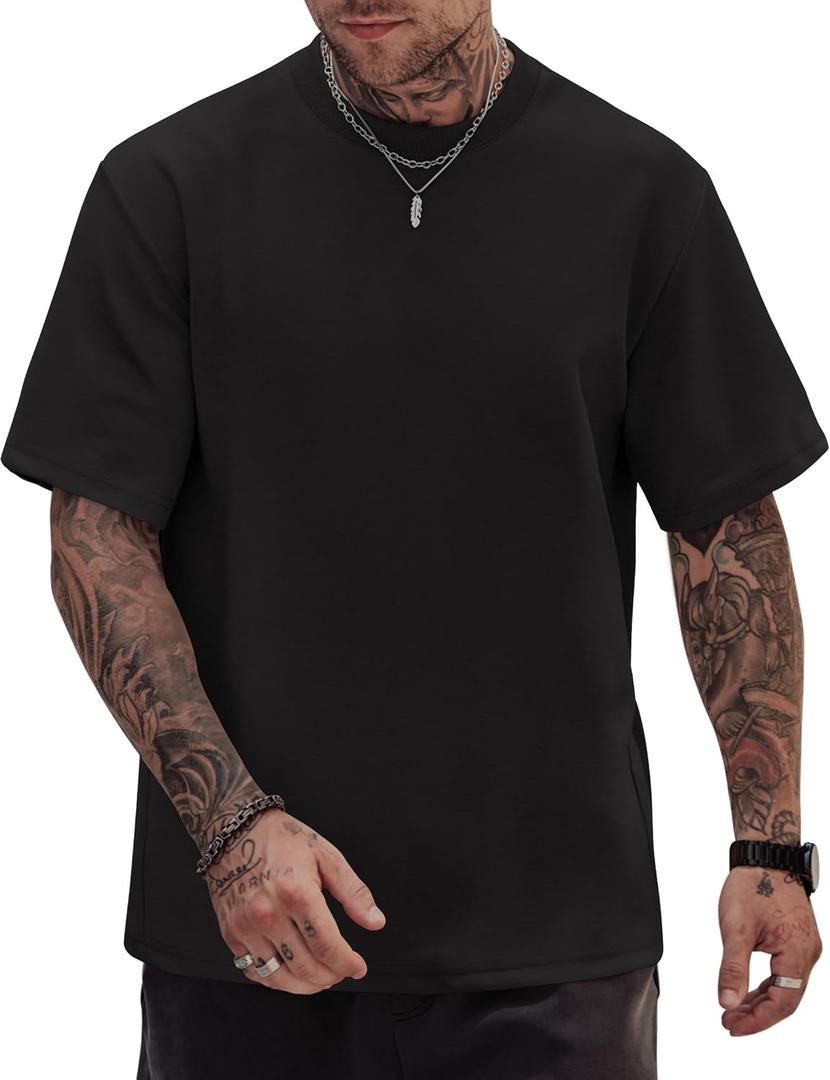 Herberton Mens Oversized T-Shirts Heavyweight Cotton Stretch Fashion Thick Tee Tops (S-3XL) (L)