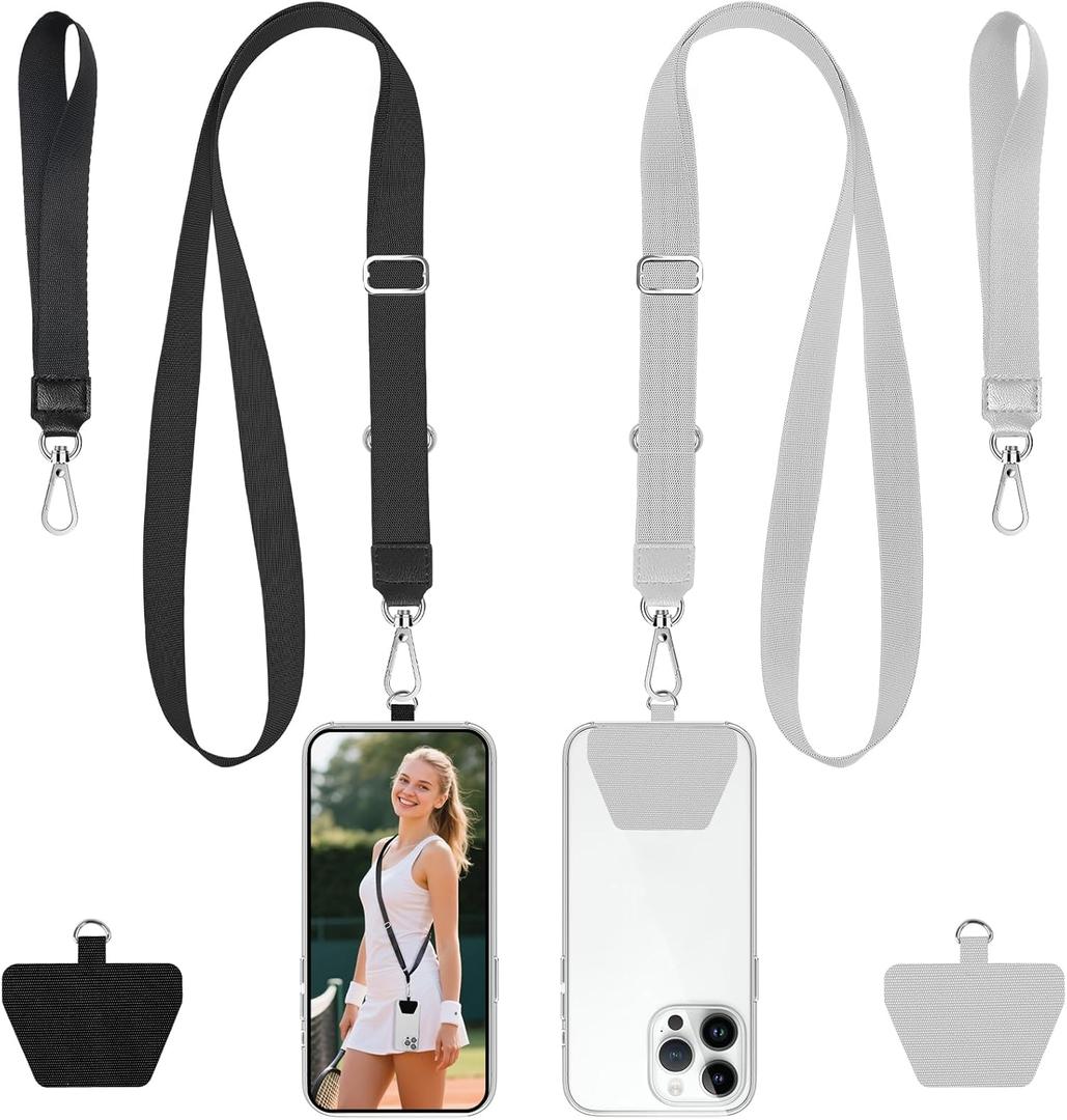 takyu Phone Lanyard, 2 Pack Crossbody Anti-Drop Neck and Wrist Strap with 2 Pcs Tether Patches, Secure Hands-Free Compatible for iPhone Samsung Perfect for Nurses, Teachers, Travel, Hiking Black+Gray
