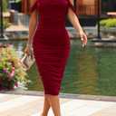 PRETTYGARDEN Summer Off The Shoulder Ruched Bodycon Dresses Sleeveless Sexy Party Club Midi Dress (Medium, Wine Red)