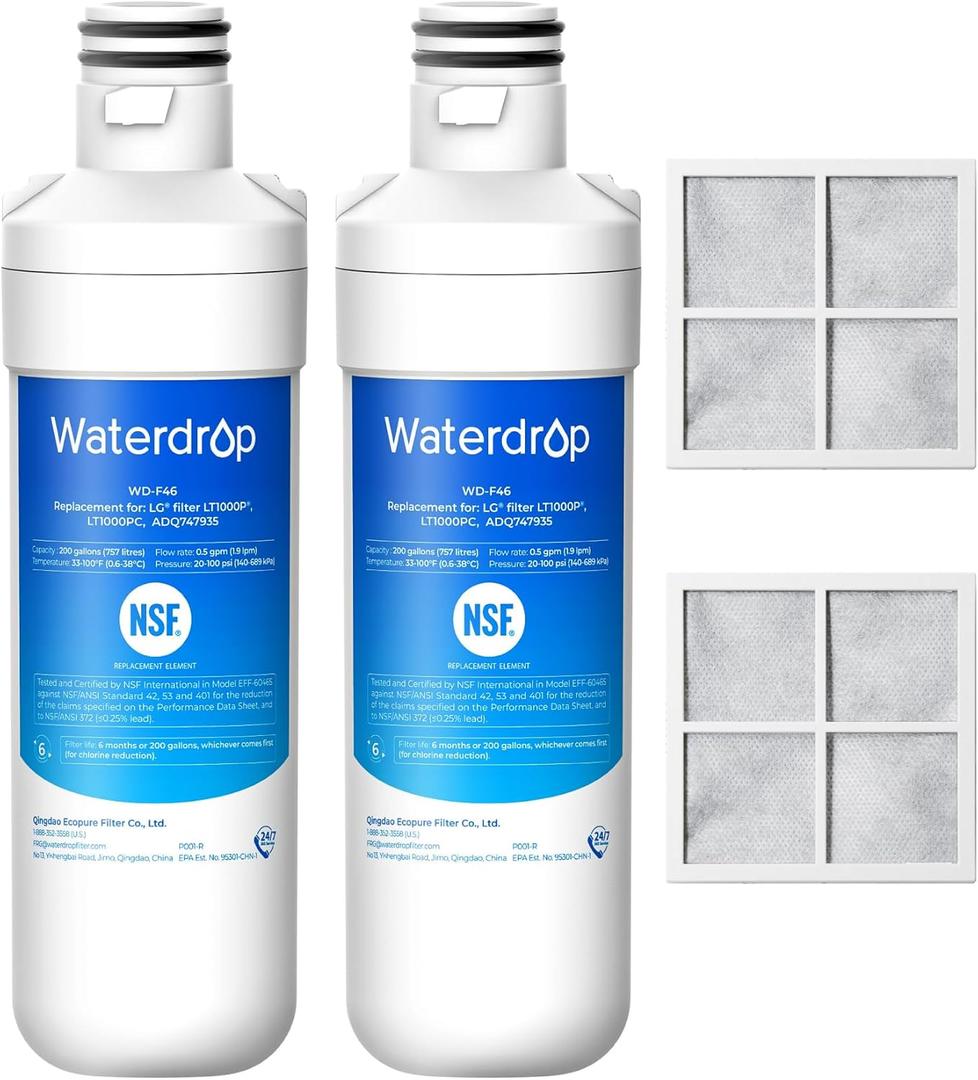 Waterdrop LT1000PC ADQ747935 Refrigerator Water Filter and Air Filter, Replacement for LG LT1000P, LMXS28626S, LFXS26973S, LFXS26596S, LFXS28596S, ADQ74793501, ADQ74793502 and LT120F, 2 Combo
