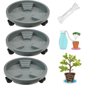3 Pack 11 inch Plant Caddy with Lockable Wheel, Drainage & Self-watering Design, Movable Wheeled Round Planter Stand Coaster Trolley, Flower Pot Dolly Rack Tray on Rolling Caster Roller Indoor Outdoor