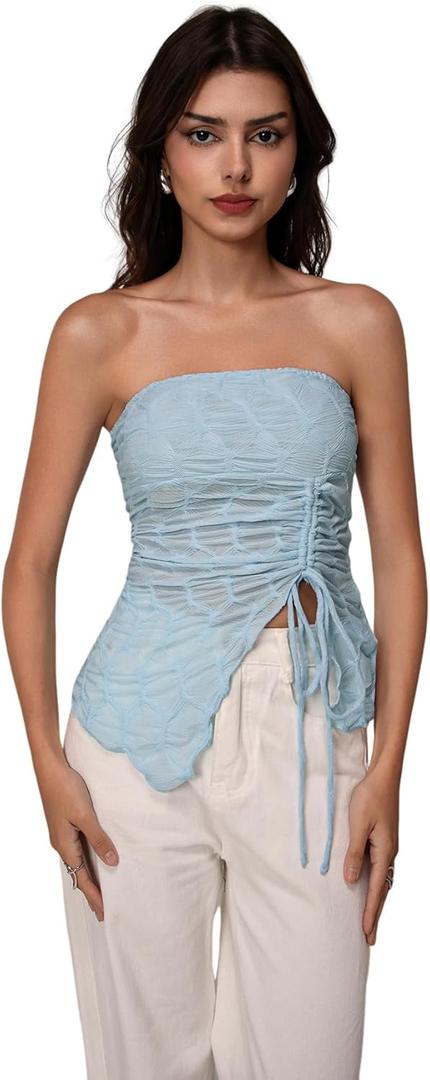 Women's Drawstring Split Strapless Tube Top Sheer Textured Sleeveless Bandeau Tops Going Out Shirts (Large)
