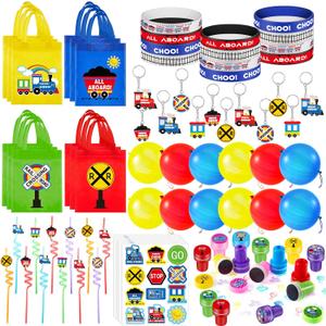 Sumind 228 Pcs Train Party Favors Birthday Decoration Non Woven Goodie Bags Plastic Straws Punch Balloons Stamps Stickers Silicone Wristbands for Train themed Birthday Party Supplies