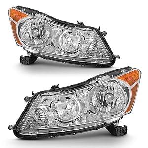 ADCARLIGHTS Headlight Assembly Pair for 2008-2012 Honda Accord 4dr Clear Lens Chrome Housing Amber Reflector Left Right W/ O Bulbs (Not Fit Coupe/ Crosstour)