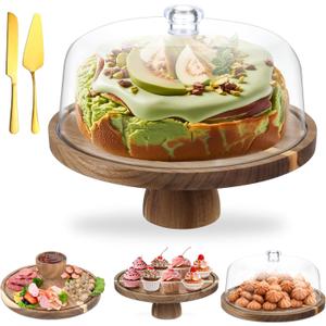 Acacia Wood Cake Stand with Lid, 12'' Round Cake Holder with Clear Acrylic Cover, 2 in 1 Dessert Table Display Set & Charcuterie Board, Kitchen Decor for Birthday or Wedding