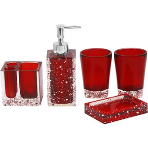 LUANT 5-Piece Resin Bathroom Accessory Set with Soap Dish, Dispenser, Toothbrush Holder and Tumbler, Red