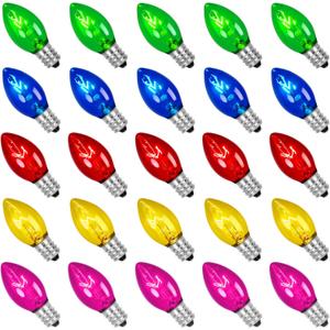 GOOTHY 25 Pack C7 Multicolor Christmas Light Bulbs, C7 Ceramic Colorful Incandescent Christmas Replacement Bulbs for Outdoor String Lights, E12 Candelabra Base Night Light Bulb, 5 Watt Candles Bulbs