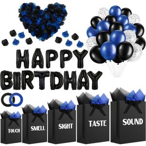 Ctosree 5 Senses Gift Bags for Her Him Black and Blue Birthday Decorations Kit Includes Five Senses Gift Bags, Happy Birthday Balloons, Tissue Paper and Petals for Anniversary Wedding Party Favors