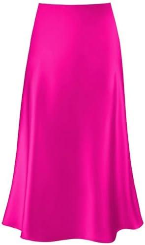 Women's Satin High Waist Hidden Elasticized Waistband Flared Casual A Line Midi Skirt, L