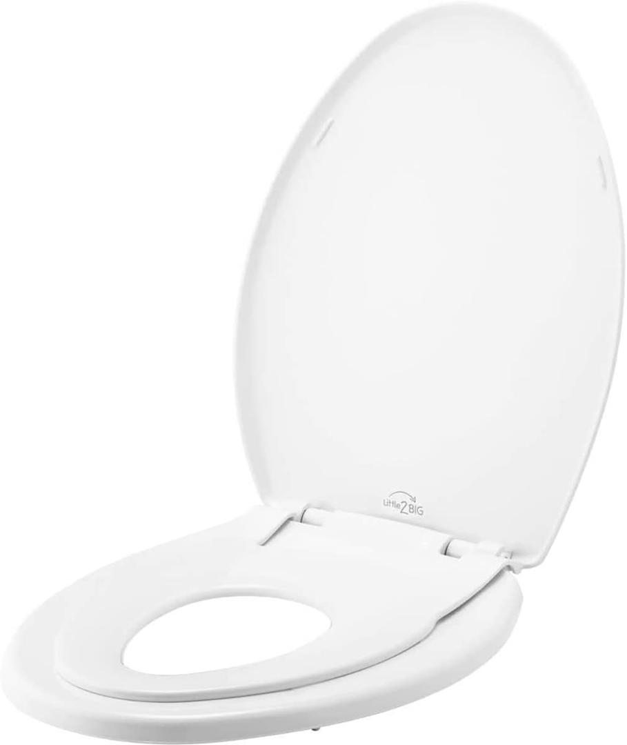 Little2Big Toilet Seat with Built-In Toddler Potty Training Seat, Slow Close, Easy to Install, Made in USA, ELONGATED, White