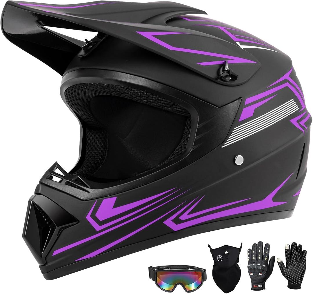 Youth Kids Dirt Bike Motocross Helmet (Goggles Gloves Face Mask) 4PCS Set, DOT Approved Girls Full Face Motorcycle Helmets, ATV BMX MX Mountain Bike Off Road Kid Helmet (Purple, M)