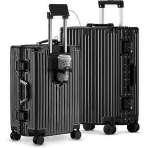 Carry-on with Cup Holder & USB Port Carry on Luggage Durable Luggage Suitcase Lightweight Hardside Luggage with TSA lock & Phone Holder 360 double spinner Wheels (Black=(20+24)lnch, (20+24)lnch), Count of 2 