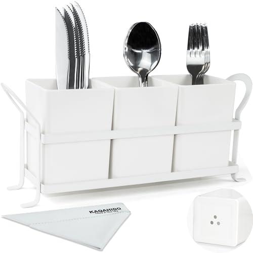 KAQAHIDO Utensil Caddy with Drain Holes, Cutlery Organizer for Kitchen Countertop Drawer 3pcs Bins Set Silverware Holder for Spoon, Fork and Knife, White