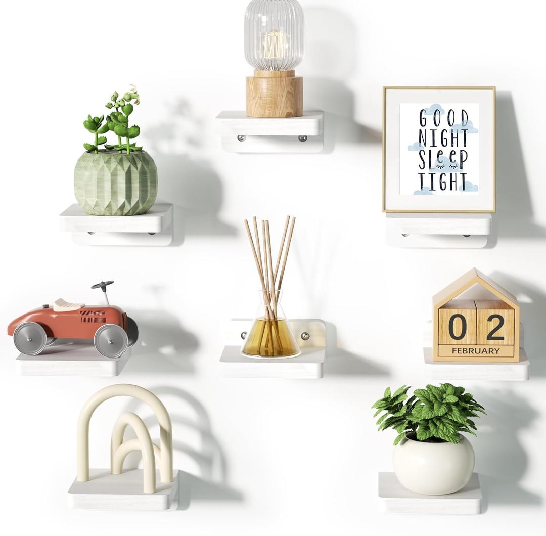 SRIWATANA Small Floating Shelves Wall Mounted, 4 Inch Wood Shelf for Decoration and Storage Set of 8, Mini Display Shelf for Bedroom, Bathroom, Kitchen, Office (White)