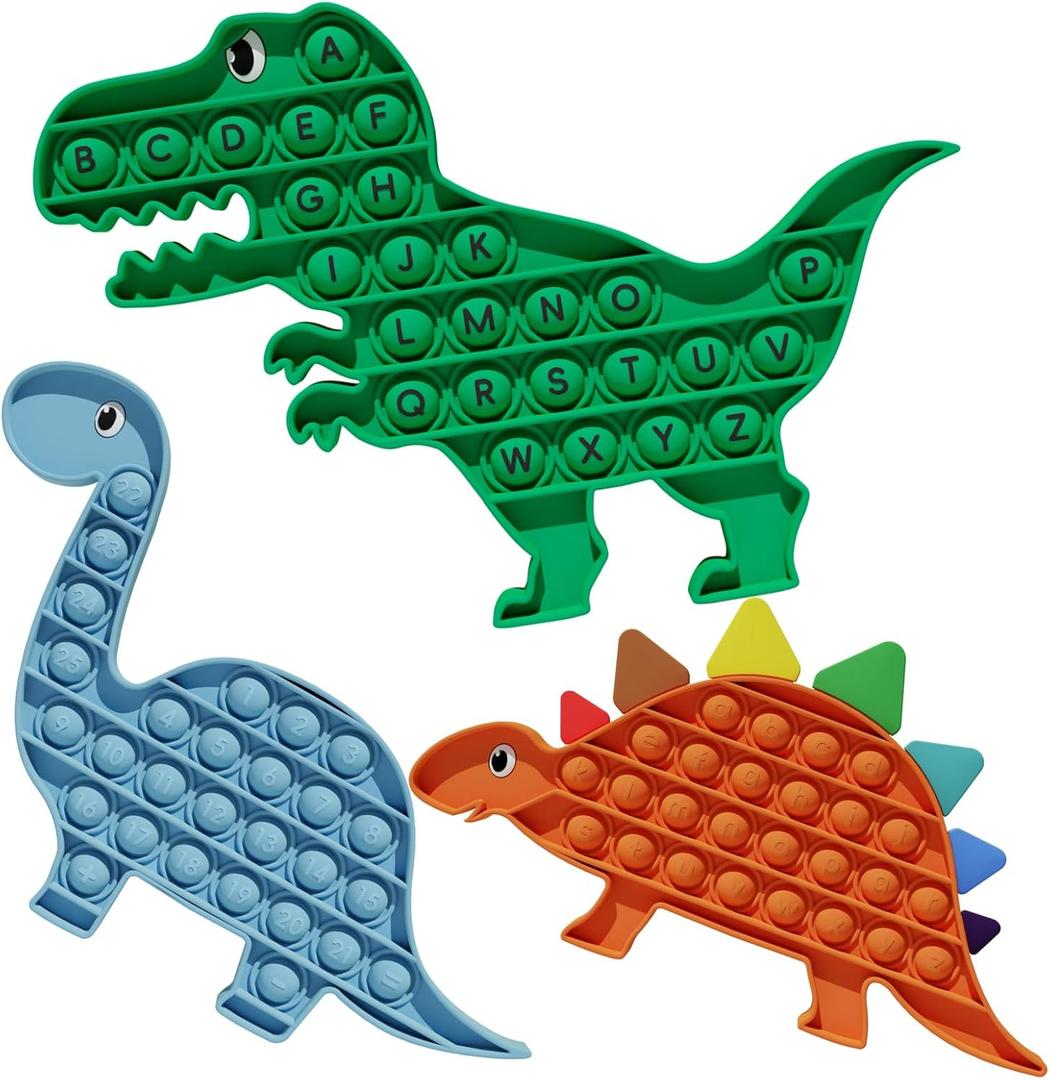 3 Pack Pop Fidget Toy Its with Alphabet, Sensory Fidget Poppers ABC Learning Toys for Kids Silicone Dinosaur Pop Anxiety Stress Relief it Game for Classroom (Multiple Colors Dinosaur)