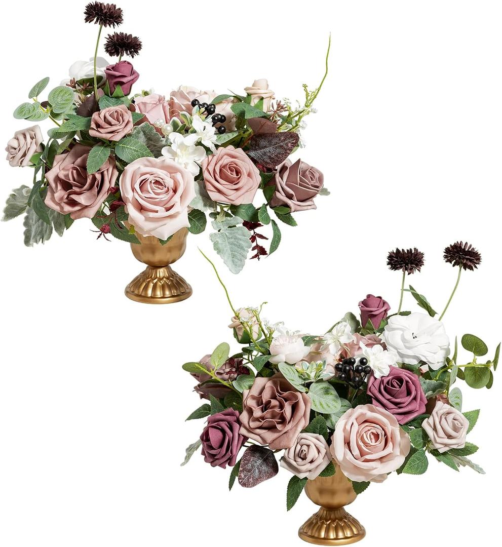 Ling's moment Dusty Rose & Mauve Artificial Flowers with Vase Wedding Decor Centerpiece Flower Potted for Ceremony Reception Tabletop Desk Flowers Mantel Archway Aisle, Fake Flowers Set of 2