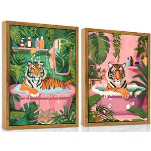 ARTZIO Framed Canvas Wall ArtWhimsical Tiger in Bathtub Jungle Bath Decor,Funny Animal Wall Art for Bathroom,Living Room & Home OfficeSet of 2 (1216) (2-PCS-3)