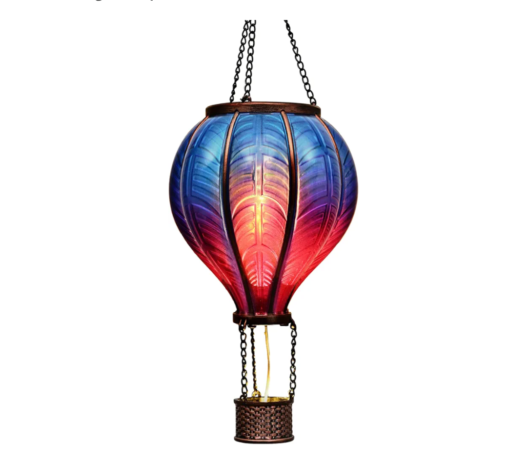 COLLECTIONS Hot Air Balloon Solar Lantern for Garden Decor, Flickering Flame Hanging Solar Light for Outdoor Decorations, Blue & Purple Plastic Lamp for Yard Tree Porch Party, Gift for Mom